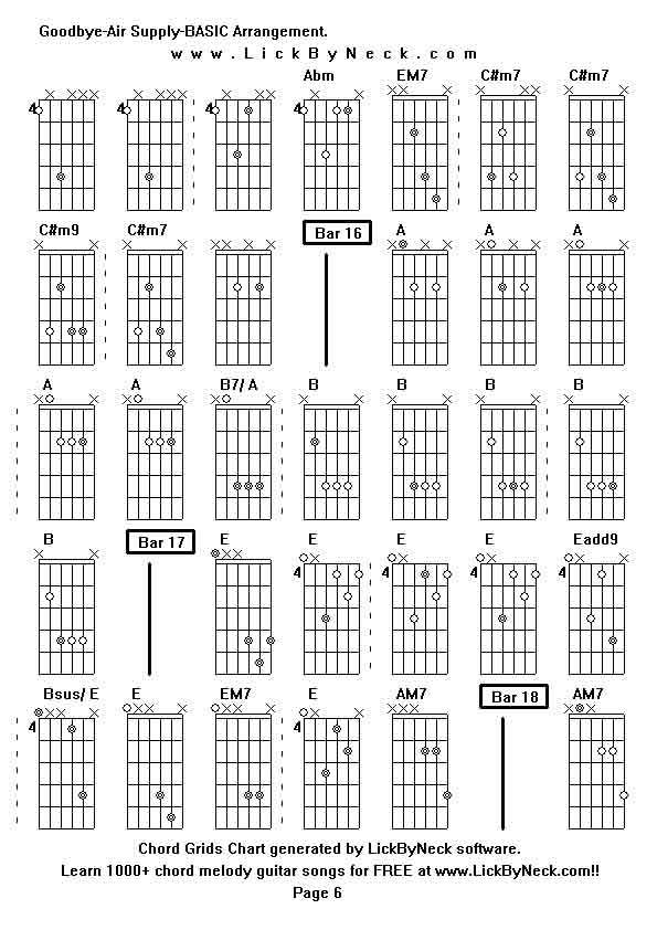 Chord Grids Chart of chord melody fingerstyle guitar song-Goodbye-Air Supply-BASIC Arrangement,generated by LickByNeck software.